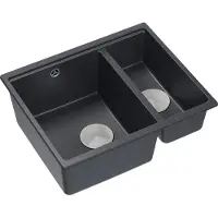 Quadron Spülbecken 1,5-Becken Spüle | Größe: 55,5 x 46 x 22 cm | LOGAN 150 | Unterbauspüle Granitspüle aus GraniteQ mit Siphon | Schwarz + Stahl