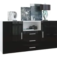 Vladon Sideboard Skadu, Kommode mit 2 Türen, 3 Schubladen und 1 offenem Fach, Weiß matt/Schwarz Hochglanz (138,5 x 71,5 x 35 cm)