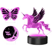 Mybeo Nachtlicht 3D, Nachttischlampe 3D, Tischlampe für Kinder, Jungs & Mädchen, Nachtleuchte LED dimmbar, 3 Motive Einhorn, Schmetterling & Mond, Farbwechsel, Fernbedienung