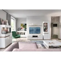 Lomadox Wohnzimmer Möbel Set mit Beleuchtung in modernem Design, weiß Hochglanz mit Trüffel Eiche Nb., LEGNICA-129
