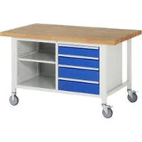 RAU Mobile Werkbank mit Ablageboden - Fachboden - 4 Schubladen - Teilauszug - 120:2 / 150:2 - 880 x 1.500 x 900 mm (HxBxT) - Traglast 450 kg - Buche