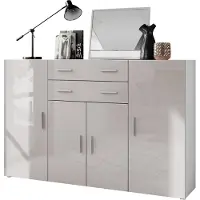 Vladon Highboard Aron Anrichte mit 2 Schubladen und 4 Türen mit insgesamt 8 Fächer dahinter, Weiß matt/Sandgrau Hochglanz (166,5 x 106,5 x 35 cm)
