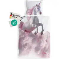 NYVI Renforce Kinderbettwäsche Deluxe aus 100% Baumwolle magischer Druck - Kindergesicht ergänzt Muster, Reißverschluss, Farbe:Einhorn, Größe:135x200 cm