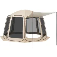SucceBuy Campingzelt, 365,76x335,28x230 cm, Pop-up-Zelt mit ausziehbarer Markise, Zelt für 10–12 Personen, inkl. Tragetasche & Netz-Seitenwände, ideal für Terrasse & Outdoor-Aktivitäten, Beige
