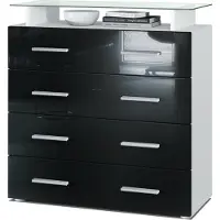 Vladon Sideboard Pavos V2, Kommode mit 4 Schubladen und Glasablage, Weiß matt/Schwarz Hochglanz (76 x 81 x 35 cm)