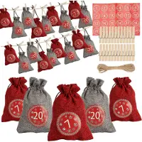 TolleTour 24 Adventskalender zum Befüllen, Stoffbeutel Geschenksäckchen Weihnachten für Weihnachtskalender, Adventskalender Säckchen mit 1-24 Adventszahlen Geschenkanhänger Kraftpapier,Rot/Grau