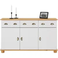 Idimex Apothekerkommode COLMAR, Weiß/Braun - Sideboard mit 3 Schubladen und 3 Türen, im Landhausstil, Kiefer Massivholz, Muschelgriffe aus Metall, ideal für Flur, Schlafzimmer oder Wohnzimmer
