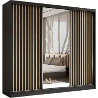 Masseno Schiebetürenschrank LAMELLO 240 cm Kleiderschrank Schlafzimmer Schrank 3-türig mit Spiegel und Lamellen Schwarz
