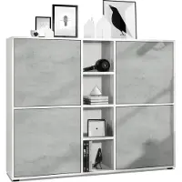 Vladon Highboard Cuba V3, Germany, Weiß matt/Beton Oxid Optik - Moderne Anrichte mit 12 Fächern (130,5 x 105,5 x 35,5 cm)