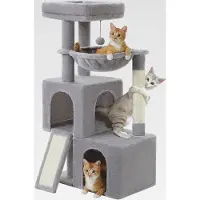 Markenlos Kratzbaum 104cm Katzenbaum mit 2 geräumigen Höhle für Wohnungskatzen, Katzenhaus mit bequemer 40cm Hängematte, gepolsterter Sitzstange, Kratzpad und abziehbarer Spielball grau