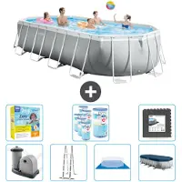 Intex Oval Prism Frame Swimmingpool – 610 x 305 x 122 cm – Grau – inklusive Pumpe – Leiter – Bodenplane – Abdeckung Wartungspaket - Filter - Bodenfliesen