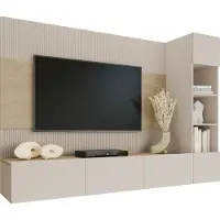 Mirjan 24 Wohnwand Deromi II, Wohnzimmer Möbel Set, Griffloses Öffnungssystem push to open, 3er-Set (Farbe: Sandbeige / Sandbeige + Eiche Cremona)