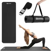 HyperMotion Yogamatte NBR 183x61x0,8 cm Schwarz – 8 mm Fitnessmatte rutschfest mit Trage- & Yogagurt, Gymnastikmatte für Yoga, Pilates & Workout