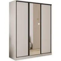 Masseno Schiebetürenschrank TARI 150/205/58 cm Kleiderschrank mit 4 Schubladen Schlafzimmer Schrank 3-türig mit Spiegel Kaschmir