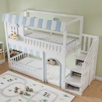 STILVORA Etagenbett 90x200cm mit einer Matratze Bettgestell mit Treppenaufbewahrungsschrank und Stauraum, Kinderbett mit Schutzgittern , Kinderzimmerbett mit stabilem Lattenrost