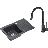 VBChome Spülbecken Granit Schwarz mit Armatur 70 x 44 cm Einzelbecken Einbauspüle Gesprenkelt Reversibel Granitspüle Siphon Waschbecken Schwarz Armatur mit Flexiblem Auslauf