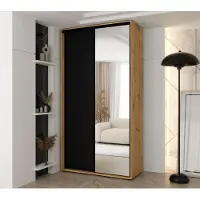 MINIO go for it , Kleiderschrank VADO, 140x235,2x60 cm, 2 Schiebetüren (1 Spiegel), 6 Einlegeböden, 2 Metallstangen, Artisan Eiche/Schwarz