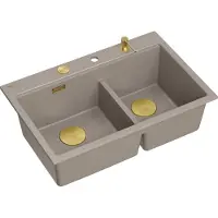 Quadron Spülbecken 2-Becken Spüle | Größe: 76 x 50 x 23.5 cm | MARC 120 | Granitspüle aus GraniteQ mit Siphon + Spender + Platte | Soft Taupe + Gold