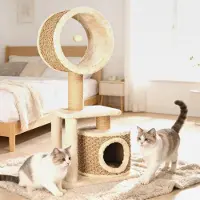 Markenlos Kratzbaum für Katzen, 95 cm Katzenbaum mit Handgewebter Seegrasseil-Rundröhre & Versteckhöhle, Kletterbaum mit Sisalpappel-Kratzsäulen, Stabiler Katzenaktivitätsbaum für Innenräume