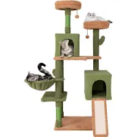 Goplus Katzenbaum Kaktus, Katzenbaum mit Sitzfläche, Katzenhaus, großem Bett, Raumkapsel, Sisalpfosten+Matte, Fellbürste, 150cm hoch, Grün