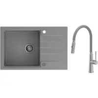 VBChome Spülbecken Granit Grau 78 x 50 cm Grau flexible Armatur Granitspülbecken Einzelbecken Einbauspüle Gesprenkelt Siphon