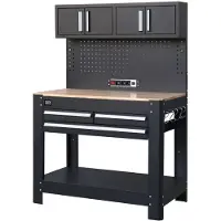 HBM Werkbank 114 cm mit 3 Schubladen, Schrankwand und Rückwand, schwarz