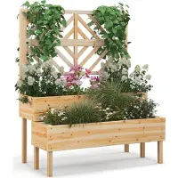 Costway Blumenkasten mit Spalier aus Tannenholz, Gartenspalier mit 2 Rankkästen, Pflanzkasten für Kletterpflanzen, Hochbeet mit Rankgitter & Drainageloch, Blumenkübel für Garten Hof Balkon, Natur