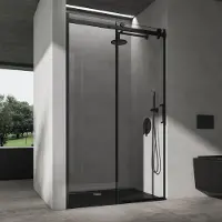 Doporro Nischentür Duschabtrennung 140x195cm Duschtür mit Schiebetür 8mm ESG-Sicherheitsglas Klarglas Duschwand Soft-Close inkl.NANO Teramo19K schwarz