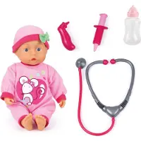 Bayer 93378AA Doktorpuppe, mit Babylauten, sprechend, Fläschchen, Arzt-Spiel-Set, Rollenspiele, 33cm, Rosa mit Mausmotiv