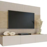 Mirjan 24 Wohnwand Deromi III, Wohnzimmer Möbel Set, Griffloses Öffnungssystem push to open, 2er-Set (Farbe: Sandbeige / Sandbeige + Eiche Cremona)