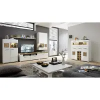 Lomadox Wohnwand weiß mit Barschrank FARO-36 Set Eiche Nb. inkl. LED, B/H/T: ca. 315/205/47 cm