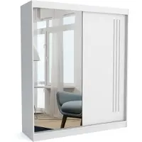 Brent Kleiderschrank MIKE 180 WHITE, 180x60x215 cm mit Spiegel –Schiebetüren, Kleiderstange & Regalböden, Garderobenschrank, Moderner Kleiderschrank