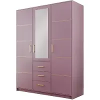 Bettso Dreitüriger Kleiderschrank Schrank mit Spiegel Die modischsten Farben Goldgriffe BALL II Pflaume Pflaume + Gold