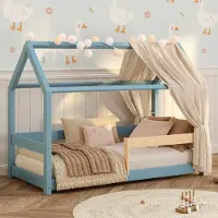 Smartwood Hausbett 90x190 - Bodenbett Kinderzimmer mit Lattenrost und Rausfallschutz - Blau - Montessori Bett für Kinder Milo Massivkiefernholz |
