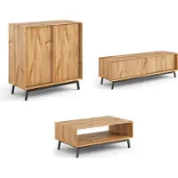 Feldmann-Wohnen Wohnzimmer-Set Modern Loft Wohnwand Massivholz geölt Ausführung wählbar,Weinregal, Lowboard, Couchtisch,Eiche Natur
