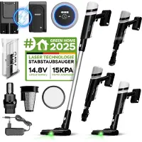 TurboTronic Stielstaubsauger - AIV6 - kabelloser 2in1 Stab- & Handstaubsauger, 15 kPa, grüne Laser-Bodenbürste, 120 W, beutellos, für Hartböden, Teppiche & Tierhaare