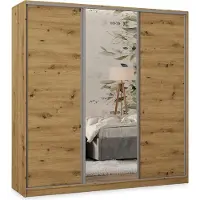 Masseno Schiebetürenschrank TARI 180/205/58 cm Kleiderschrank mit 4 Schubladen Schlafzimmer Schrank 3-türig mit Spiegel Eiche Artisan