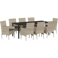 vidaXL Möbel 9 Teile Garten Essgruppe mit Kissen Hellgrau Poly Rattan, Gartentisch Schwarz 200x80x73 cm Sicherheitsglas - Gartenstühle 3379813
