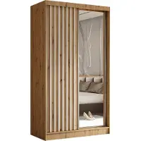 Masseno Schiebetürenschrank LAMELLO 120 cm Kleiderschrank Schlafzimmer Schrank 2-türig mit Spiegel und Lamellen Eiche Artisan
