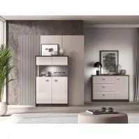 Lomadox Wohnwand mit Kommode & Highboard inkl. Beleuchtung, in Kaschmir Beige Hochglanz mit Eiche, modern, 2 -teilig - ALESSANDRIA-131
