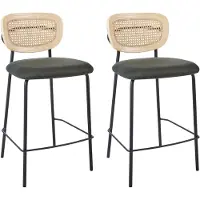 Beliani Set aus 2 Barstühlen Dunkelgrün Polyesterpolsterung Naturrattan Wiener Geflecht Rückenlehne Schwarze Metallbeine Armlose Hocker