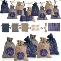 Jayseuw 24 Adventskalender zum Befüllen, Stoffbeutel Geschenksäckchen Weihnachten für Weihnachtskalender, Adventskalender Säckchen mit 1-24 Adventszahlen Geschenkanhänger,Blau /weiß /grau