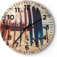 ARTTOR Wanduhr - Rund - Glasuhr - Surfen Strand Board - 30x30cm - Schleichendes Uhrwerk - Lautlos - zum Aufhängen bereit - Dekoration Modern - Wanddekoration aus Glas - C4AR30x30-4992
