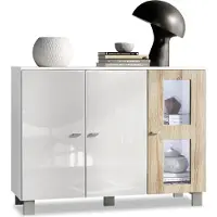 Vladon Sideboard Denjo, Germany, Kommode mit 3 Türen, Weiß matt/Weiß Hochglanz/Eiche Sägegrau, inkl. LED-Beleuchtung (107 x 81 x 35 cm)