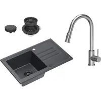 VBChome Spülbecken Granit Schwarz mit Armatur 70 x 44 cm Einzelbecken Einbauspüle Gesprenkelt Reversibel Granitspüle Schwarz Siphon Waschbecken Armatur Inox mit Ausziehbarem Auslauf