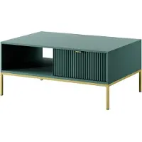 Bettso Couchtisch Kaffetisch mit Ablage und Geriffelt Schubladen Goldgriff NOVA Grün auf Goldbeinen