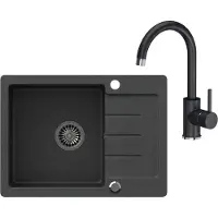 VBChome Spülbecken Schwarz mit Armatur 60 x 44 cm Granit Einzelbecken Einbauspüle Gesprenkelt Reversibel Verbundspüle Siphon Spültischarmatur Wasserhahn Einhebel