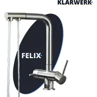 KLARWERK Felix | ausziehbare 3-Wege Armatur Edelstahl Silber matt | Filter Trinkwasser Wasserhahn Küche | Osmose Mischbatterie L-Auslauf 3 Anschlüsse