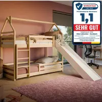 KIDS Collection Hochbett mit Rutsche 90x200 cm, Hausbett, Etagenbett mit Rausfallschutz und Leiter, Bett Bed Bodenbett Jugendbett Spielbett für 2 Kinder, Kinderzimmer Sicherheit, Stabil Kiefer Holz massiv, in Natur