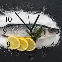 Wallario Design Wanduhr Fischmenü - Frischer Fisch auf Salz mit Zitronen aus Echtglas, Größe 30 x 30 cm